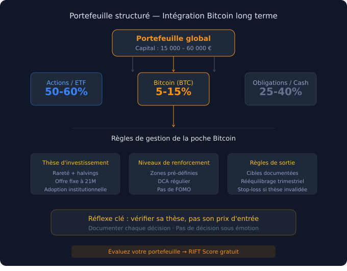 Schéma de portefeuille structuré avec allocation Bitcoin, diversification et règles de gestion