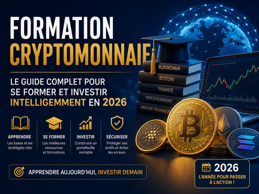 Image de l'article : Formation Cryptomonnaie : Le Guide Complet pour Se Former et Investir Intelligemment en 2026 Illustration de l'article Formation Cryptomonnaie : Le Guide Complet pour Se Former et Investir Intelligemment en 2026