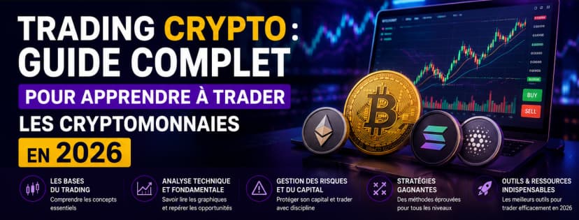 Image de l'article : Trading Crypto : Guide Complet pour Apprendre à Trader les Cryptomonnaies en 2026 Illustration de l'article Trading Crypto : Guide Complet pour Apprendre à Trader les Cryptomonnaies en 2026