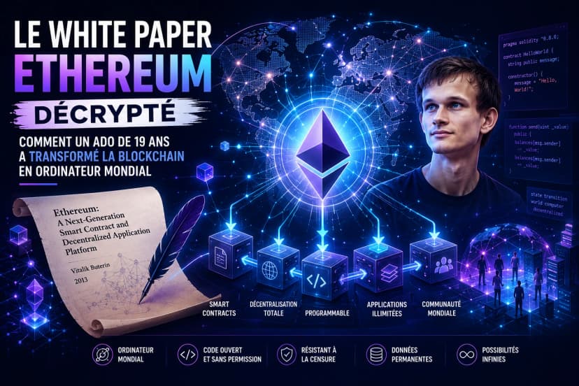 Image de l'article : Le White Paper Ethereum décrypté : comment un ado de 19 ans a transformé la blockchain en ordinateur mondial Illustration de l'article Le White Paper Ethereum décrypté : comment un ado de 19 ans a transformé la blockchain en ordinateur mondial