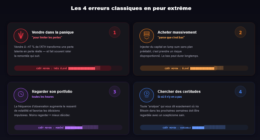 Illustration des erreurs comportementales des investisseurs : vente panique, FOMO inverse, excès de trading