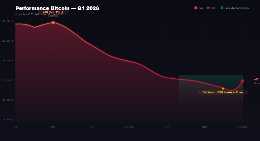 Graphique de performance Bitcoin Q1 2026 avec annotation de l'ATH à 126 198$ et de la clôture Q1 à 67 000$