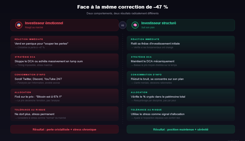 Tableau comparatif : investisseur émotionnel vs investisseur structuré en période de peur extrême