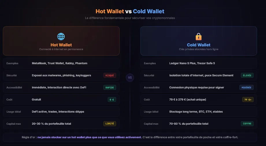 Comparaison hot wallet vs cold wallet en crypto