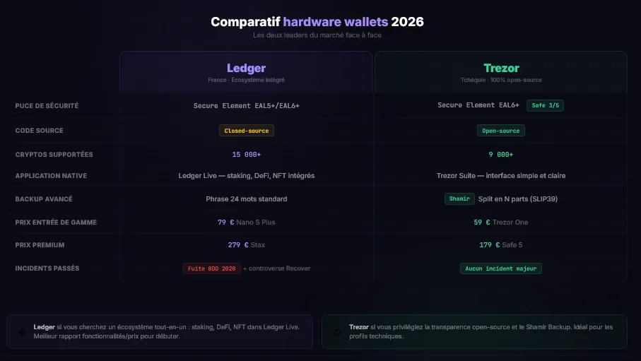 Comparatif Ledger vs Trezor 2026