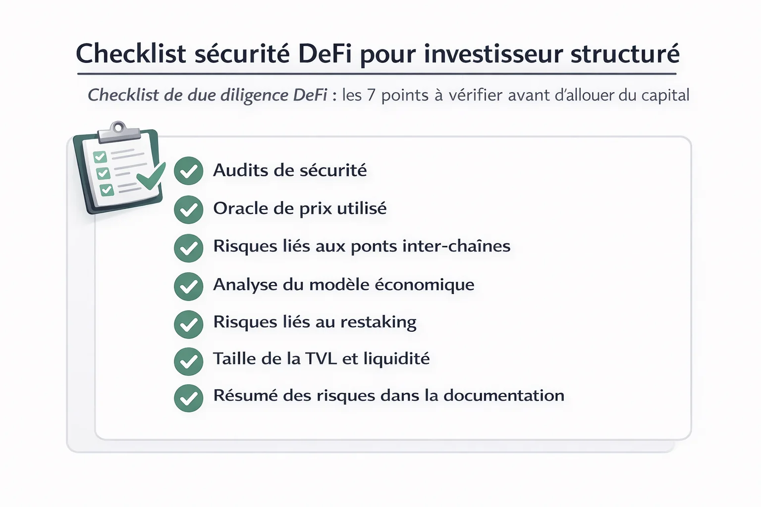 Checklist sécurité DeFi pour investisseur structuré