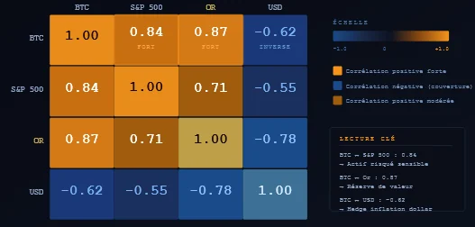 Tableau comparatif corrélations Bitcoin vs actifs traditionnels